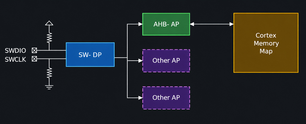 SWD architecture: Debug Port (SW-DP) connected to the AHB-AP and Cortex memory map
